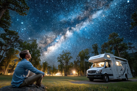 A man relaxes outdoors next to a camper van, gazing up at a breathtaking night sky filled with stars.の写真素材