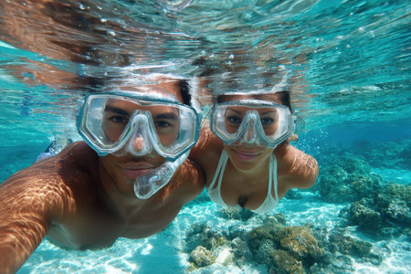 Underwater view of a couple snorkeling, exploring vibrant coral reefs and marine life in tropical waters.の写真素材