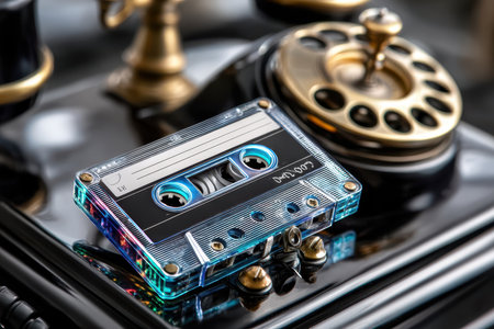 A vibrant cassette tape is placed on a classic rotary phone, evoking nostalgia for past music eras.の写真素材