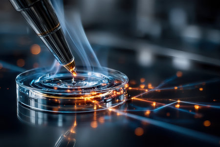 A pen hovers just above a circular glass surface, emitting sparks of light and smoke in a modern workspace.の写真素材