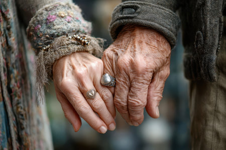 Elderly couple holds hands tightly, revealing intricate rings against a blurred background.の写真素材