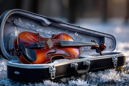 A beautifully crafted violin lies in its case on a frozen surface, reflecting sunlight in a serene winter setting.の写真素材