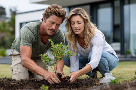 Two individuals work together in their backyard during spring, planting a small sapling with care and attention.の写真素材