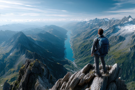 A lone hiker stands on a rugged mountain peak, taking in the expansive view of a tranquil lake and lush valley below.の写真素材