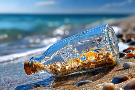 A clear glass bottle with a cork lies on a sandy beach, surrounded by shells and water splashes under bright sunlight.の写真素材