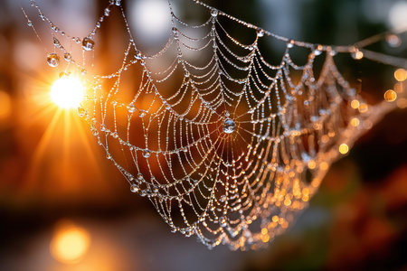Spiderweb covered in dew drops glistening in the golden light of sunriseの写真素材