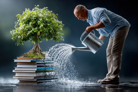 A man waters a small tree growing from a stack of colorful books, symbolizing the nurturing of knowledge.の写真素材