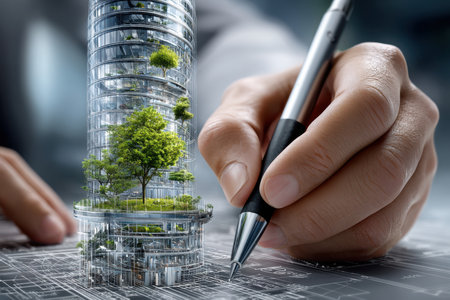A hand sketches a modern building concept featuring lush greenery and sustainable elements in an urban setting.の写真素材