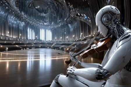 A humanoid robot skillfully plays a violin in a sleek, modern concert hall filled with light.の写真素材