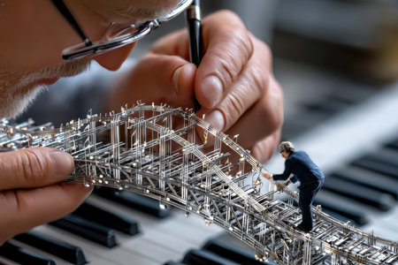 An artist intricately designs a small bridge model on a piano, showing remarkable craftsmanship.の写真素材