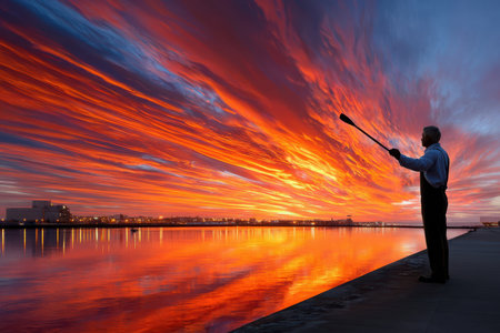 A man stands by the river, holding an oar, as vibrant sunset colors reflect on the water's surface.の写真素材