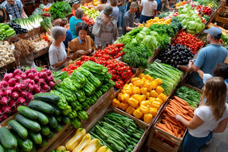 A bustling farmers market, shot from a high angle, emphasizing the variety and abundance of fresh produce, ultrarealistic photo --ar 3:2 --raw --profile nk3i4wf --stylize 250 --v 7 Job ID: c075a0c9-3b8f-4e87-8fc0-a1bbb274e733の写真素材