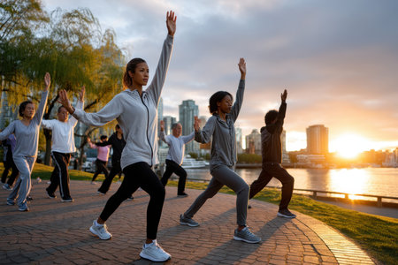 People participate in a morning exercise session near a waterfront as the sun rises, promoting fitness and wellbeing.の写真素材