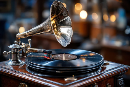 An antique gramophone plays a vinyl record in a dimly lit roomの写真素材