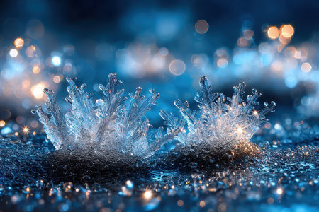 Two detailed ice crystals sparkle on a dark, frosty surfaceの写真素材
