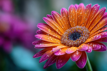 A closeup of a vibrant pink and orange gerbera daisy with water dropletsの写真素材