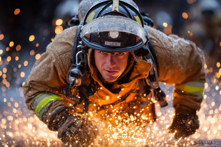 A firefighter crawls low through a shower of sparks at nightの写真素材