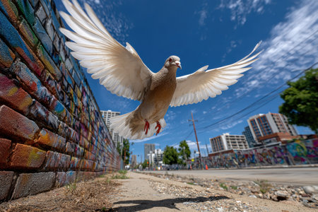 A dynamic shot of colorful graffiti on a brick wall in an urban setting, under harsh midday light, taken with a fisheye lens, as a bird takes flight from the wallの写真素材
