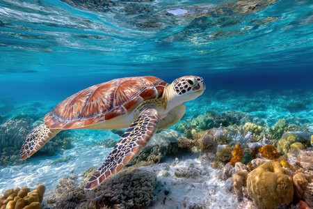 A vibrant coral reef under the crystal-clear ocean, shot in an underwater housing, with a turtle swimming byの写真素材
