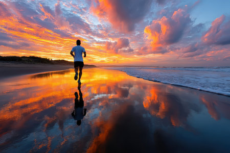 A person runs on the beach at sunset reflected in wet sandの写真素材