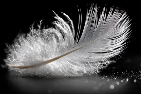 A single white feather rests on a dark backgroundの写真素材