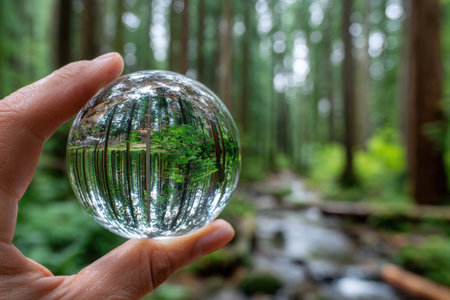 A hand holds a crystal ball reflecting a lush green forest and streamの写真素材