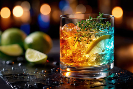 A close-up of a colorful cocktail, under soft, ambient light, shot with a macro lens, showing the artistry of mixologyの写真素材