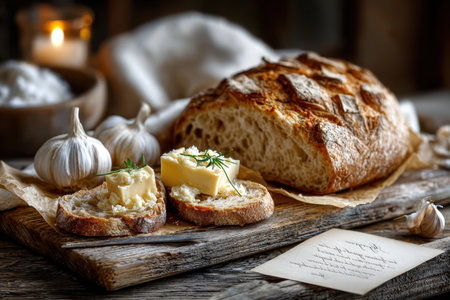 Slices of freshly baked bread with butter and garlicの写真素材