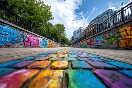 A colorful brick path leads towards buildings with graffiti art alongsideの写真素材
