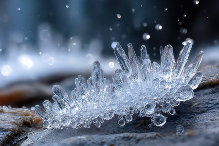 Ice crystals grow on a wet rock by a stream with a blurred backgroundの写真素材
