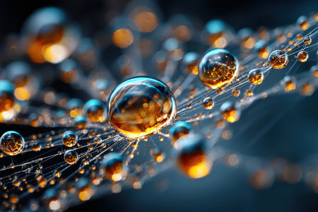 Macro photograph of glistening water droplets on a spider webの写真素材