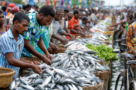 Vendors arrange fresh fish at a bustling outdoor marketの写真素材