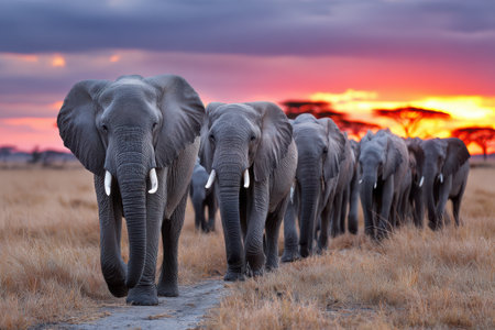 A herd of elephants walks across a savanna at sunsetの写真素材
