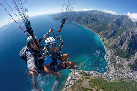 Two people paragliding take a selfie above a scenic coastal town with turquoise waterの写真素材