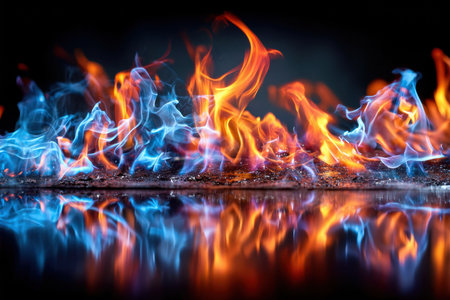 Orange and blue flames and their reflection on a dark surfaceの写真素材