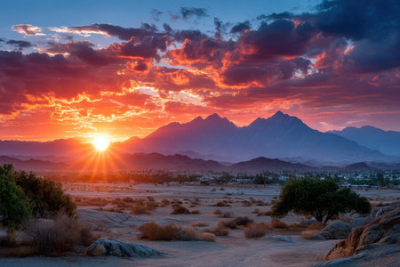 A desert landscape at sunset with mountains and a distant townの写真素材