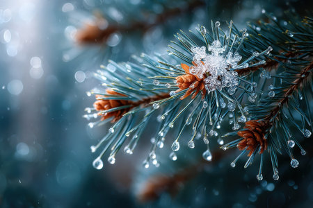 Closeup of pine needles with water droplets and a snowflakeの写真素材