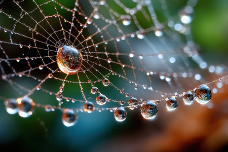 Closeup of dewdrops clinging to a spiderweb in a natural settingの写真素材