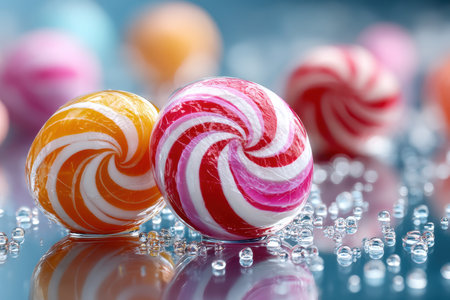 Two colorful swirl lollipops sit on a reflective surface with water dropletsの写真素材