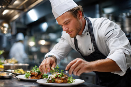 A chef garnishes plates with fresh herbs in a commercial kitchenの写真素材