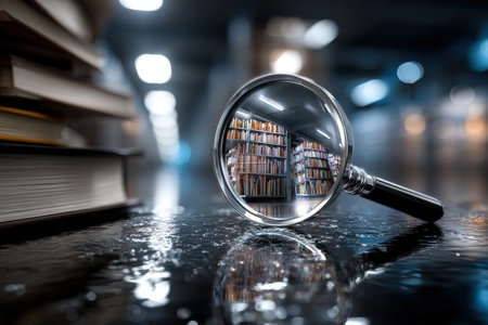 A magnifying glass reflects a library bookshelf on a wet surfaceの写真素材