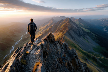 A hiker with a backpack walks along a rocky mountain ridge at sunriseの写真素材
