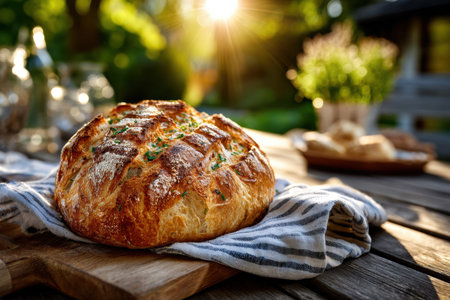 A loaf of freshly baked bread sits on a wooden table outdoorsの写真素材
