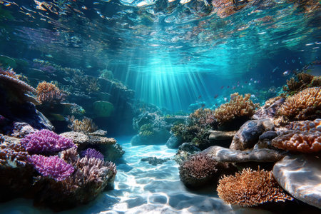 Vibrant coral reef teeming with colorful fish and bathed in sunlightの写真素材