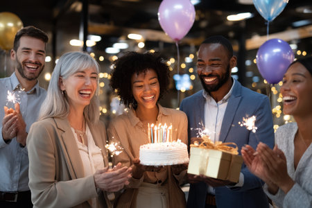 A group of friends joyfully gather to celebrate a birthday indoors, holding cake, sparklers, and gifts.の写真素材