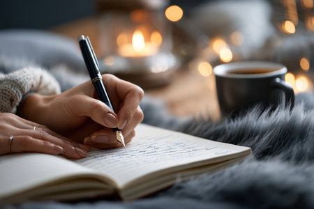 A person writes in a notebook while sipping a warm drink, surrounded by soft blankets and candlelight.の写真素材