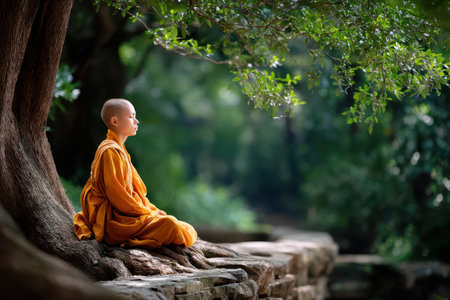 A young monk in orange robes sits cross-legged by a tranquil stream, practicing meditation in nature.の写真素材