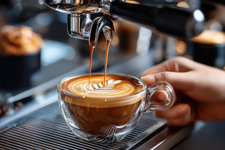 Barista skillfully pours espresso into a glass cup, creating beautiful latte art in a lively coffee shop.の写真素材