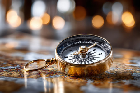 A vintage brass compass lies on an antique map illuminated by warm lighting, evoking a sense of adventure.の写真素材