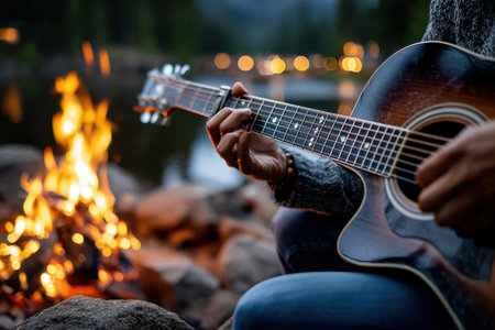 Musician strums an acoustic guitar while sitting by a campfire near a serene lake at twilight.の写真素材